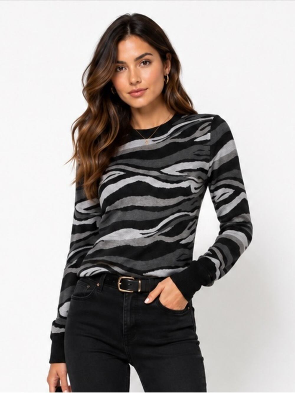 Equipment Femme Zebra Print Sweater Black Gray Crewneck Shoulder Zip Knit Top S